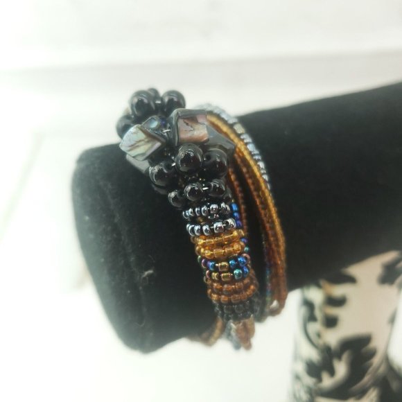 Womens Black Tan Fashion Jewelry Adjustable Anniversary Beaded Wrap Bracelet - Picture 2 of 11